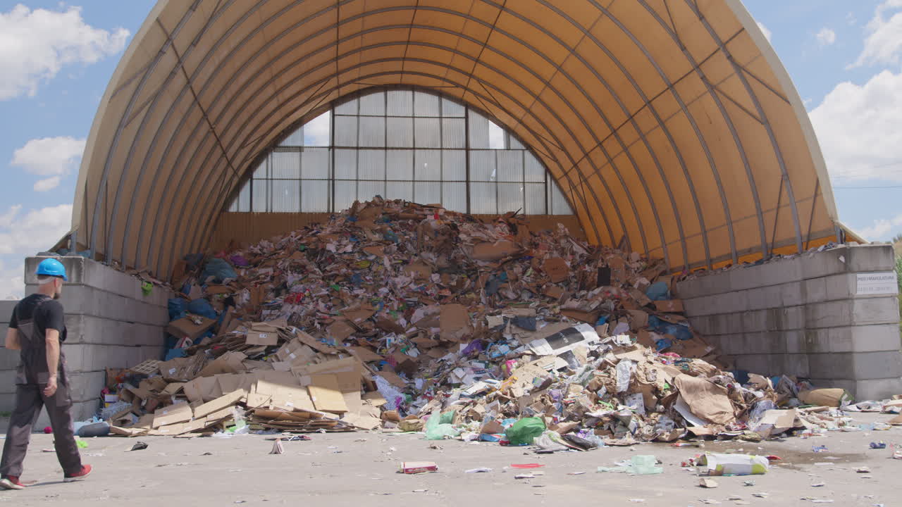 Worker walks toward pile of garbage at recycling facility, wide slomo