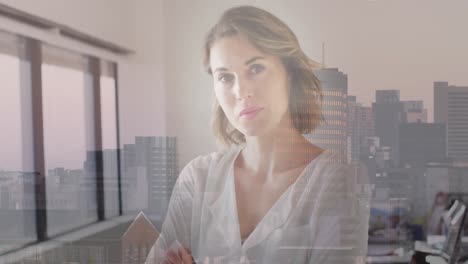 animation of cityscape over caucasian businesswoman smiling in office