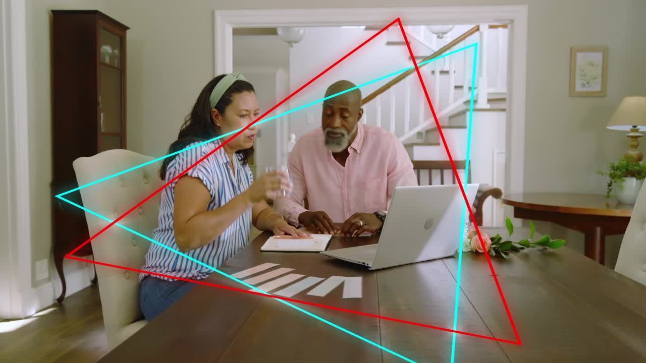 Man offering rose, woman reaching laptop, sorting cards for tech planning with triangles overlaying