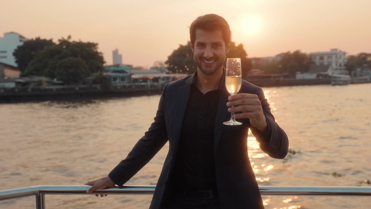 Uomo elegante che brinda con champagne su una barca al tramonto