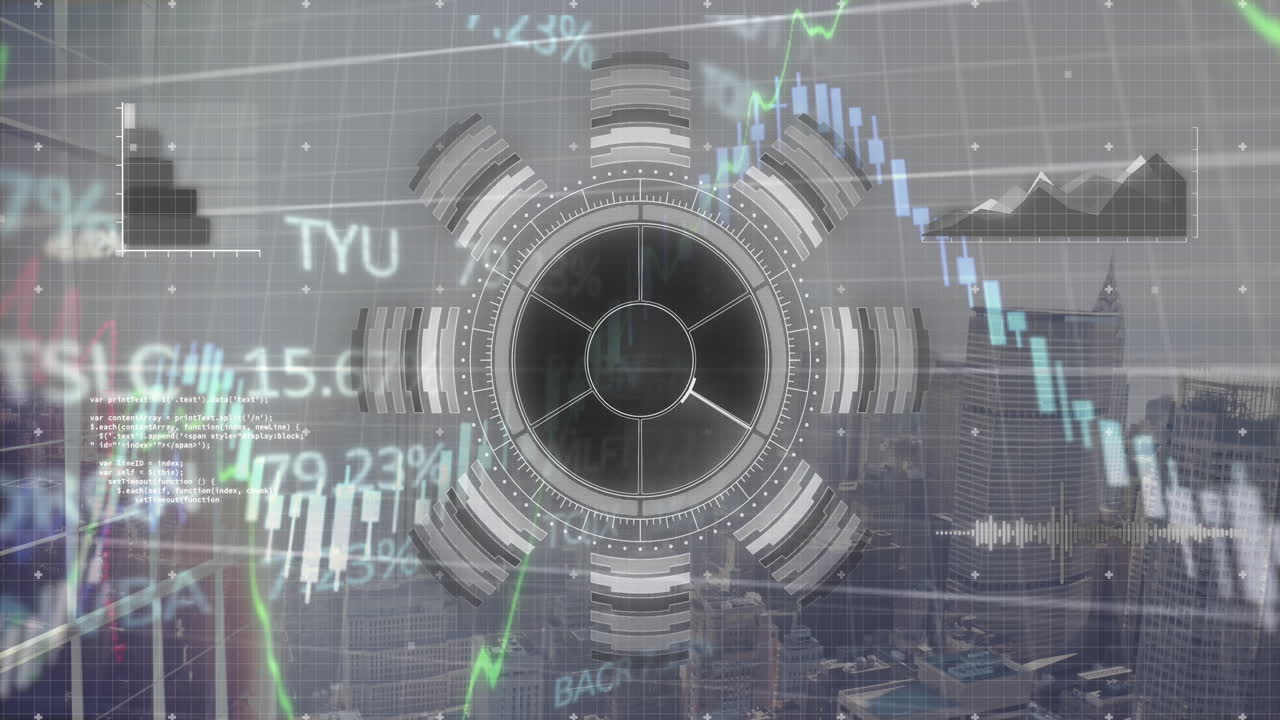 둥근 스캐너의 애니메이션, 금융 및 주식 시장 데이터 처리가 도시 풍경의 시각에 대해