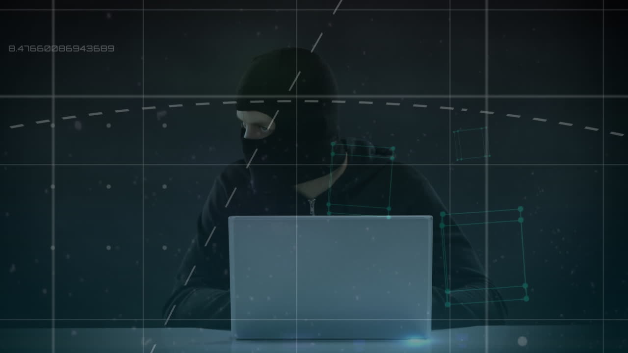 animación del procesamiento de datos sobre un hacker con una computadora portátil