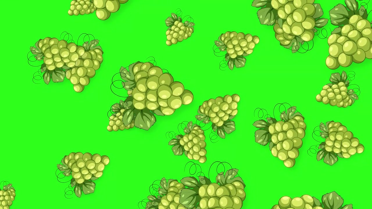 Grappoli d'uva verde in stile cartone animato che cadono verticalmente su uno sfondo vibrante di schermo verde