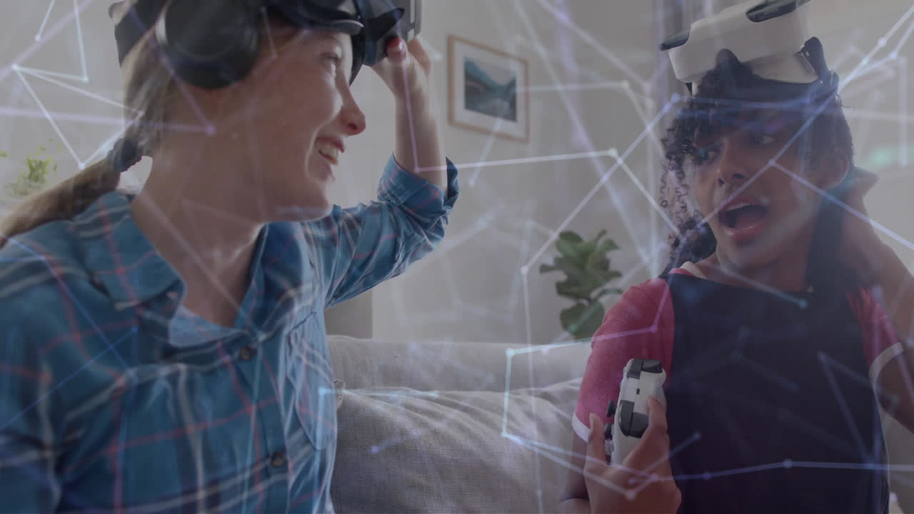 vr 헤드을 사용하여 다양한 여성에 대한 데이터 처리의 애니메이션