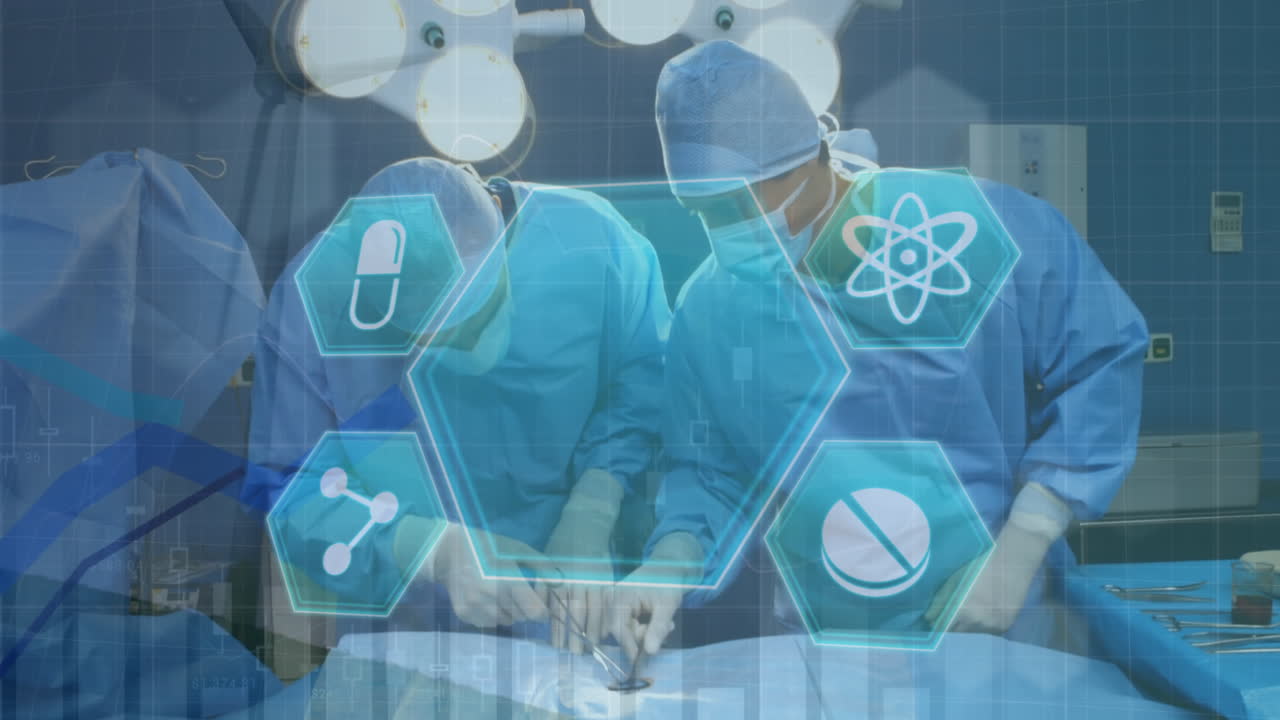 수술실에서 다양한 외과의사들에 대한 의료 아이콘의 애니메이션