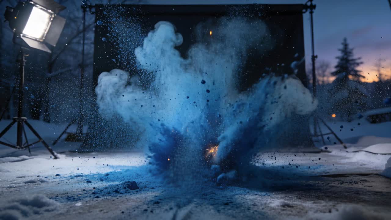 Esplosione detonante che invia pigmento blu in una nuvola per uno scatto in scena sulla neve con sfondo.