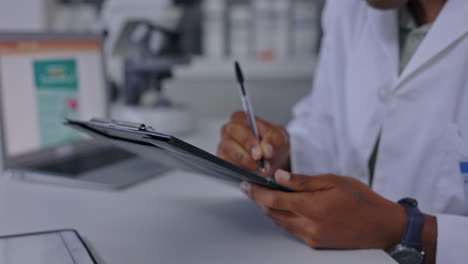 hands, checklist and writing in lab for research