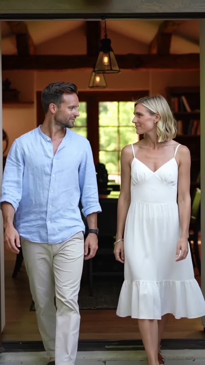 Video verticale: Scendendo dal portico, un uomo in camicia blu e una donna in abito bianco camminano verso l'obiettivo.