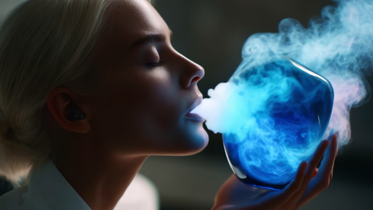An ethereal moment captured: a serene figure gently embracing a shimmering orb, as wisps of vibrant smoke swirl around, creating an enchanting interplay of light and color