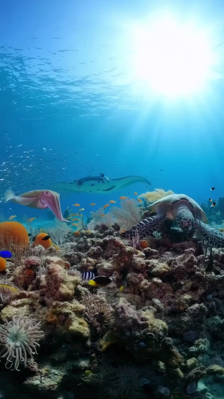 Escena submarina con un vibrante arrecife de coral, captada desde un ángulo bajo, con luz solar en la superficie