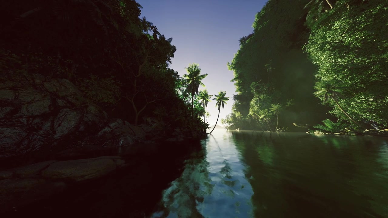 Scena tropicale esotica con due palme da cocco gemelle e un sereno sfondo marino.