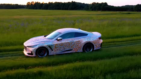 diamond-covered car in a field at sunset