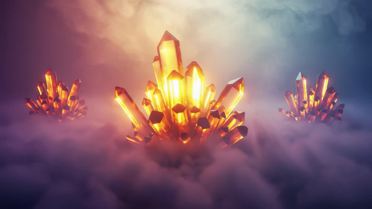 Radiant Crystals Emerge from Ethereal Mist, Illuminating the Surrounding Clouds in a Mesmerizing Display of Colors and Light, Creating a Magical Atmosphere