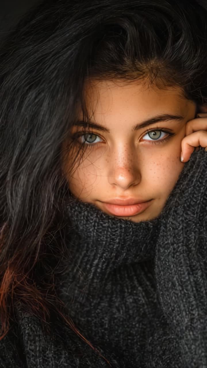 Ritratto affascinante di una giovane donna con splendidi occhi azzurri e bellezza naturale, avvolta in un comodo maglione, che mette in risalto lineamenti delicati e un'espressione incantevole