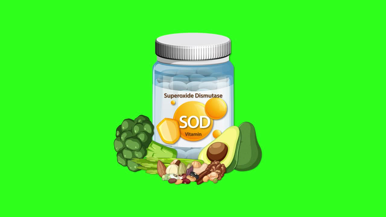Vitamin supplement bottle with superoxide dismutase, superfoods, and green screen background, smooth ingredient reveal