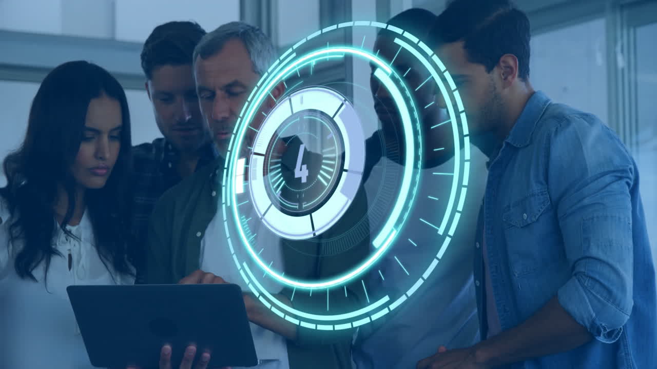 Collaborating with futuristic animation, diverse group of people in school setting