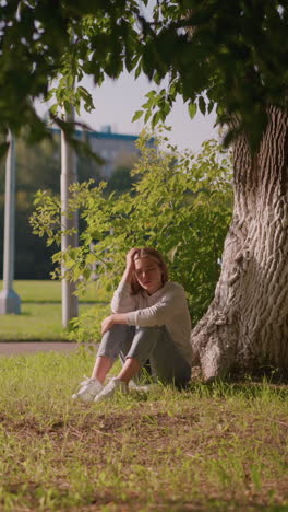 woman sits on grassy ground under tree, hand resting on her head and leg, with sunlight gently reflecting off her, background includes poles and distant stadium