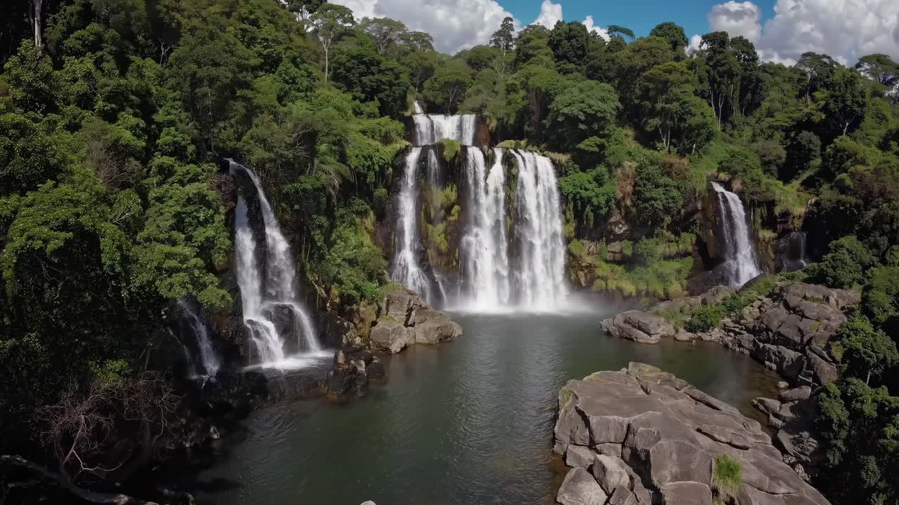 Vídeo aéreo capturando uma exuberante floresta verde sob um céu azul brilhante com nuvens fofas