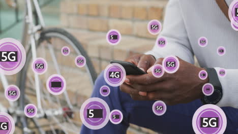 animación de textos 5g sobre hombre afroamericano usando un teléfono inteligente.