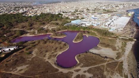 pink lake next to town in africa, senegal, joal fadiouth