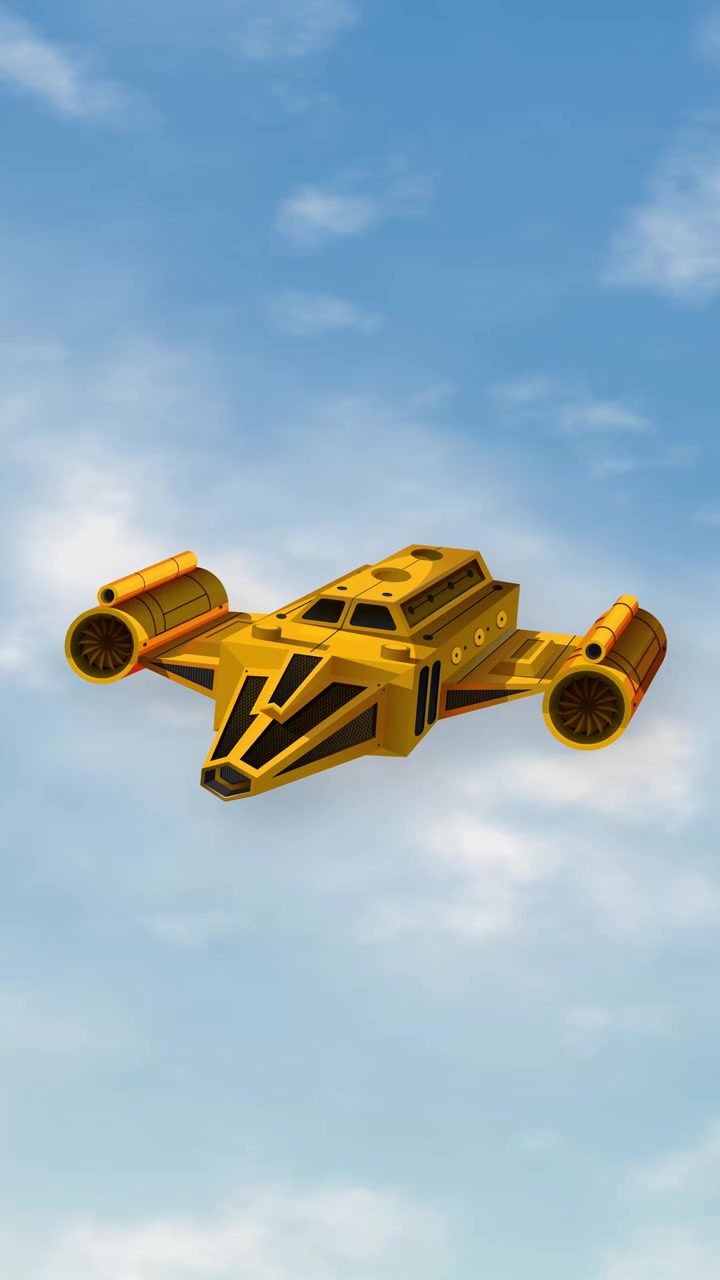 A stylized yellow spacecraft floats steadily against a bright blue sky with soft white clouds.