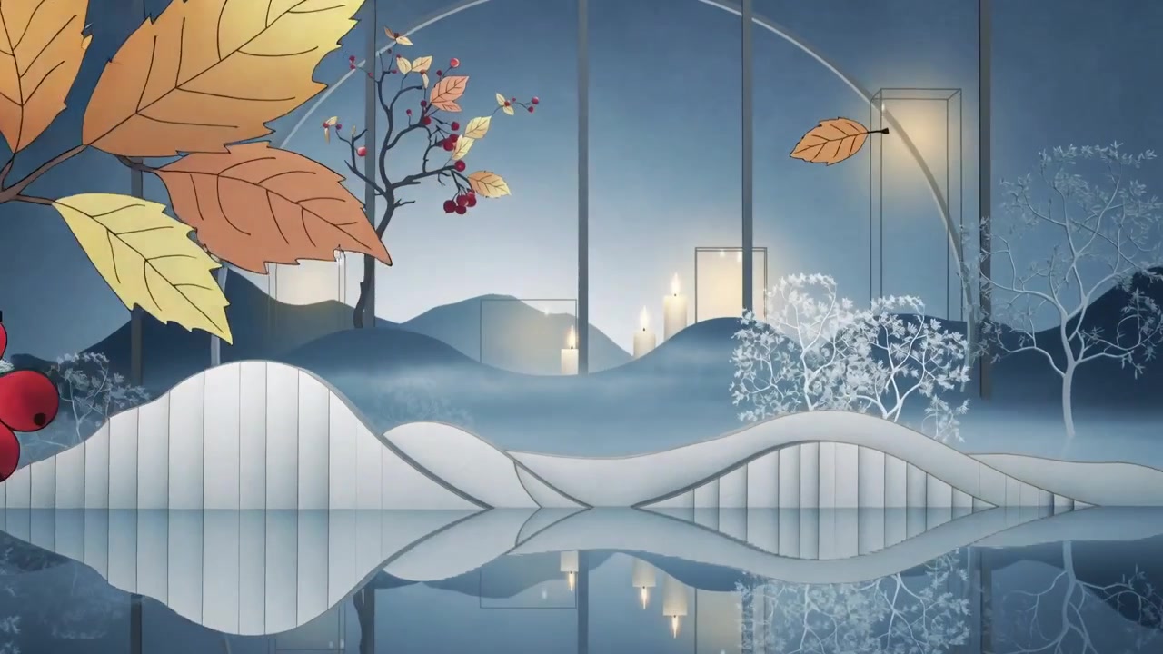 微风中摇曳的树枝，带着红色浆果，叶子正从家中的圆形窗户前飘落，留有文案空间。