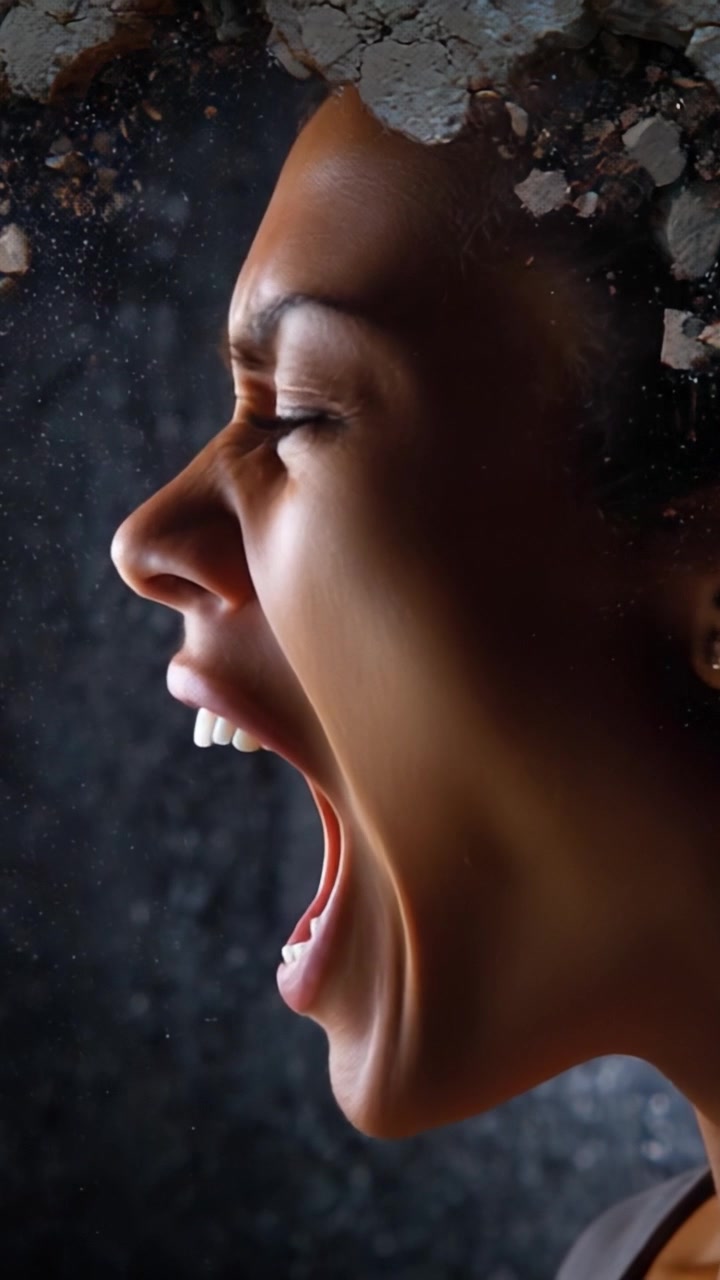 Una potente espressione emotiva catturata in due fotogrammi, che mostra un urlo appassionato che rompe strati di tumulto, simboleggiando forza interiore e resilienza.
