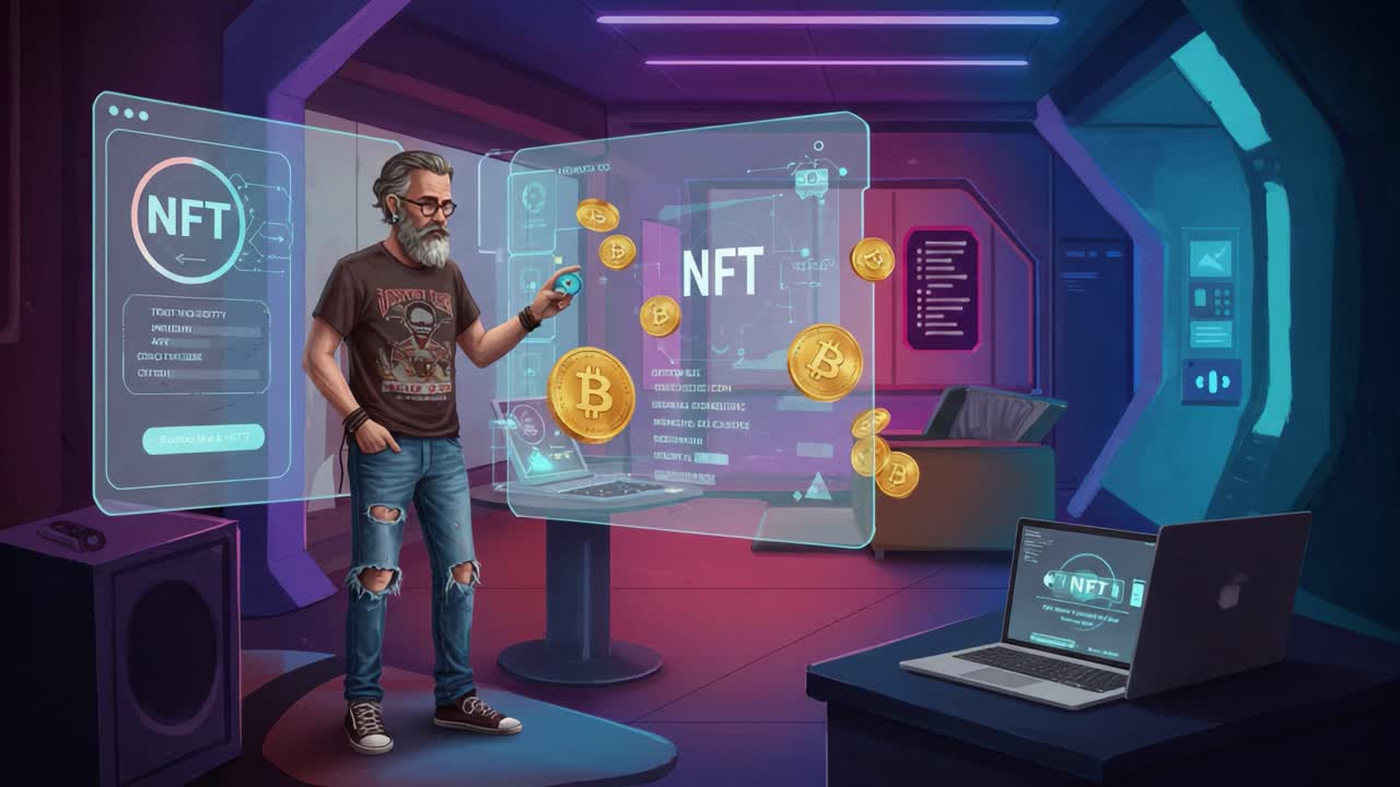 Un artista digitale esplora il regno virtuale di NFT e criptovalute, evidenziando le transazioni e la natura innovativa degli asset digitali in un'ambientazione futuristica