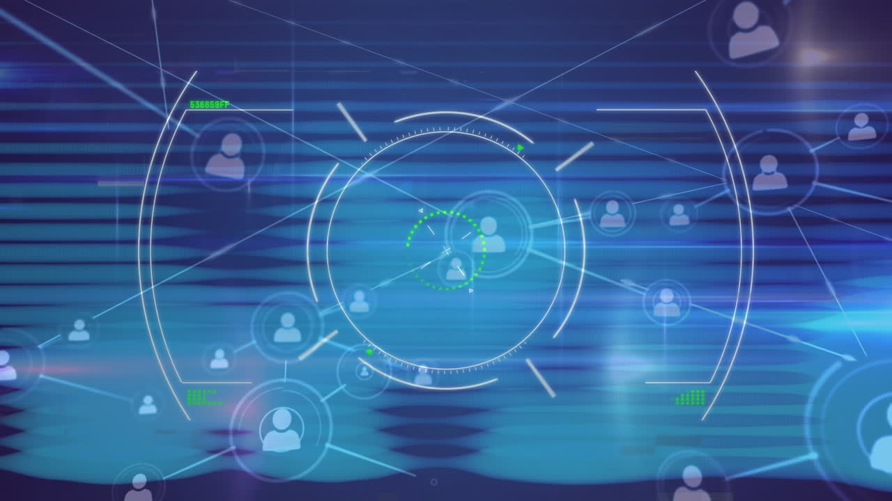 파란색으로 사람들의 네트워크 아이콘 위에 회전하는 안전 잠금의 애니메이션