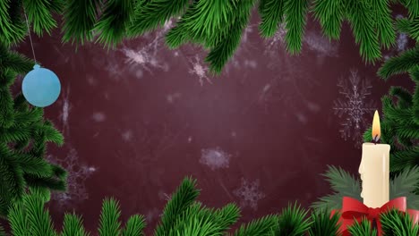Animation-of-christmas-bauble-and-candle-over-snow-falling