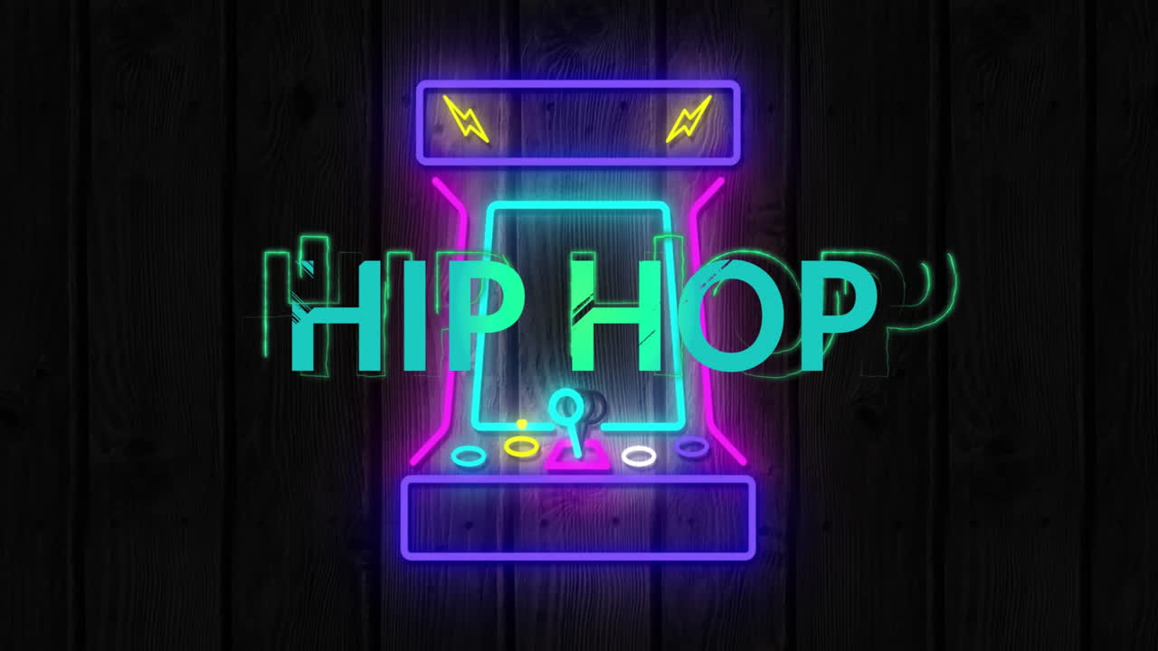 Animation of hip hop text over neon arcade