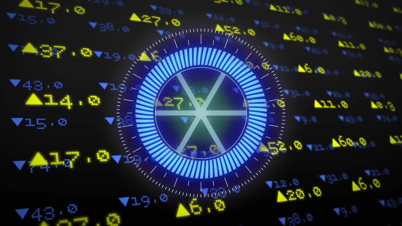 animación de un escáner redondo de neón sobre el procesamiento de datos del mercado de valores contra un fondo negro