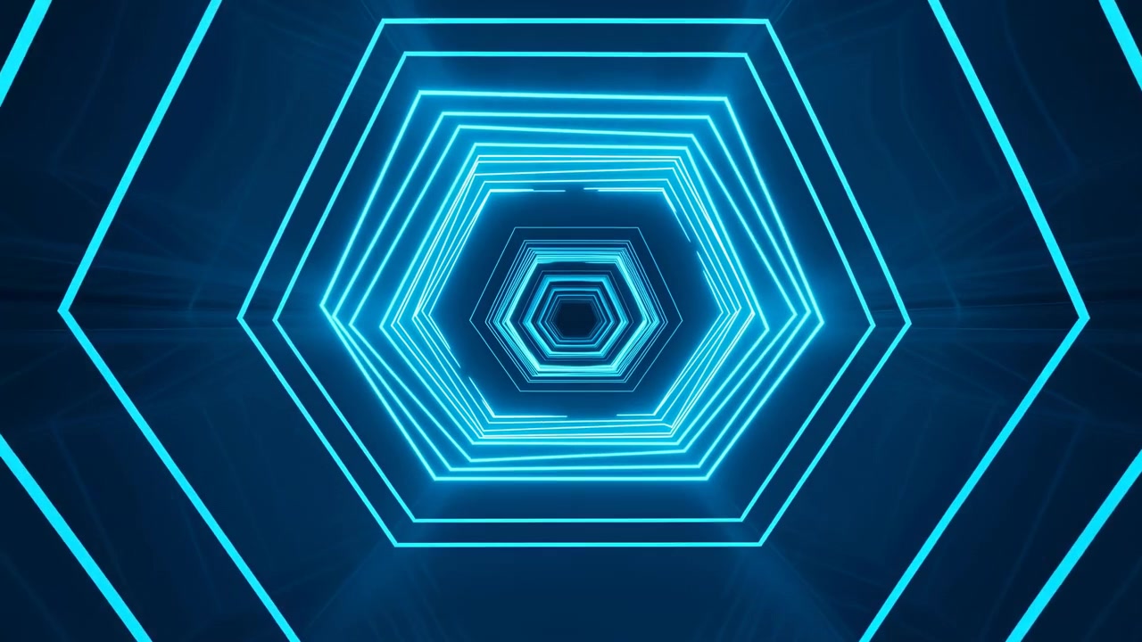 Centered hexagonal tunnel formed by layered neon cyan outlines and peripheral chevrons on deep navy background, suggesting continuous expansion, luminous depth, and futuristic digital energy