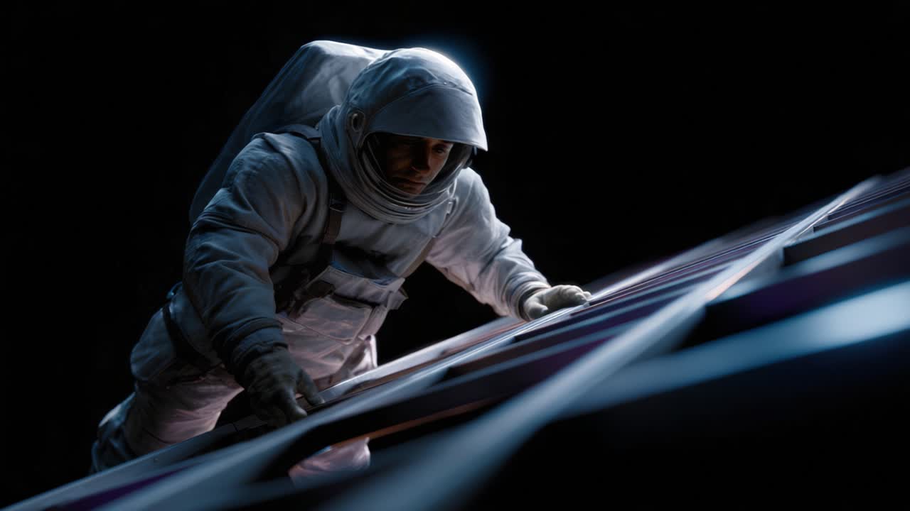 An astronaut explores the colors of an extraterrestrial landscape, showcasing the bravery and human spirit in the cosmic void, climbing upwards into the unknown