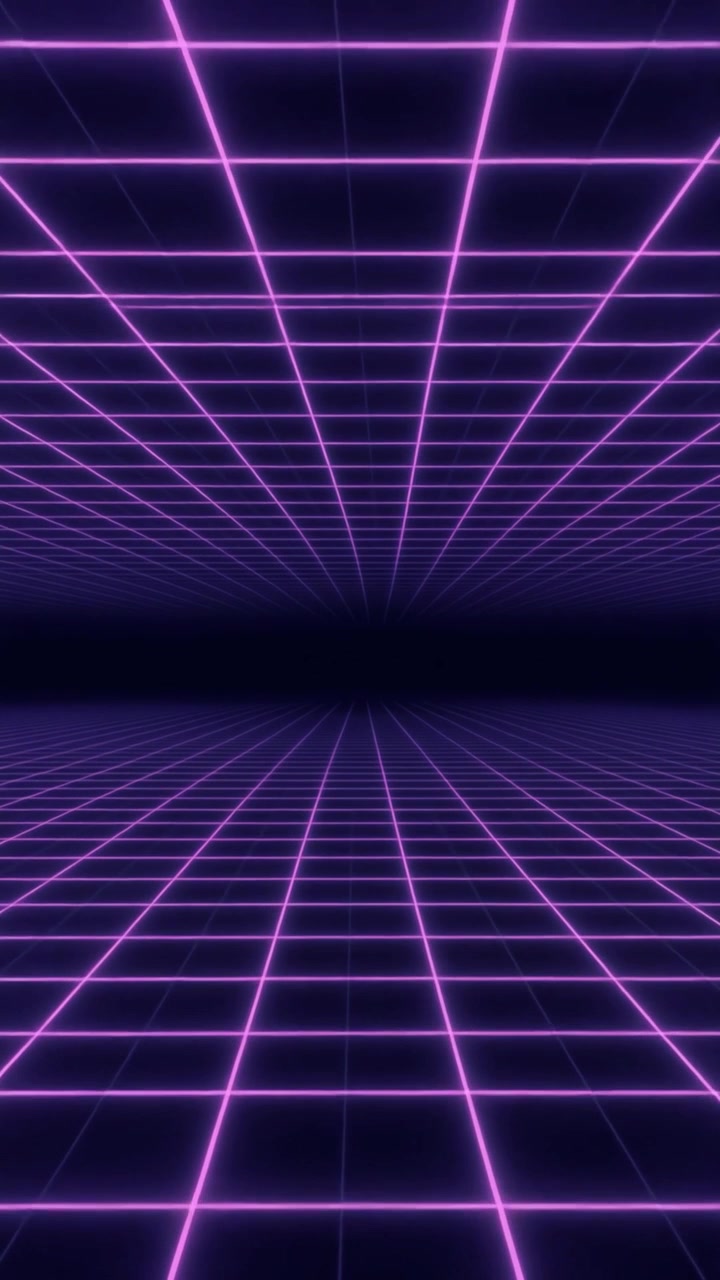 Griglia Viola in Stile Retro Synthwave che si Muove Attraverso lo Spazio Infinito
