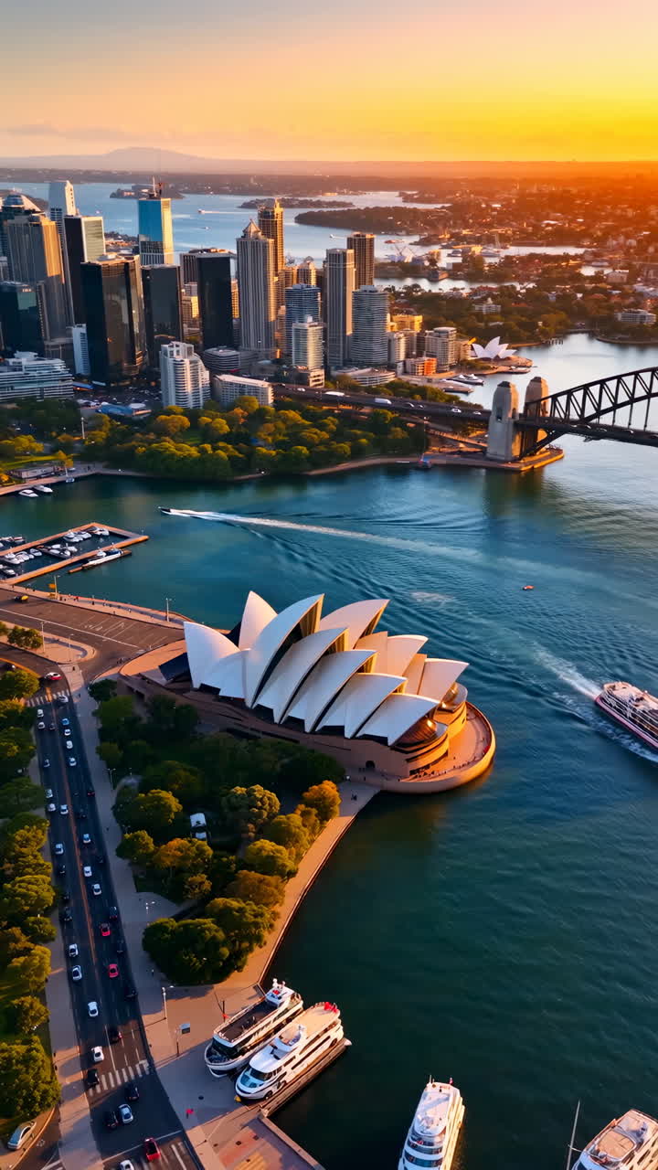 Aerial View of Sydney Harbour at Sunset with Opera House and Harbour Bridge