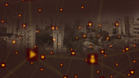 network of connections icons against cityscape