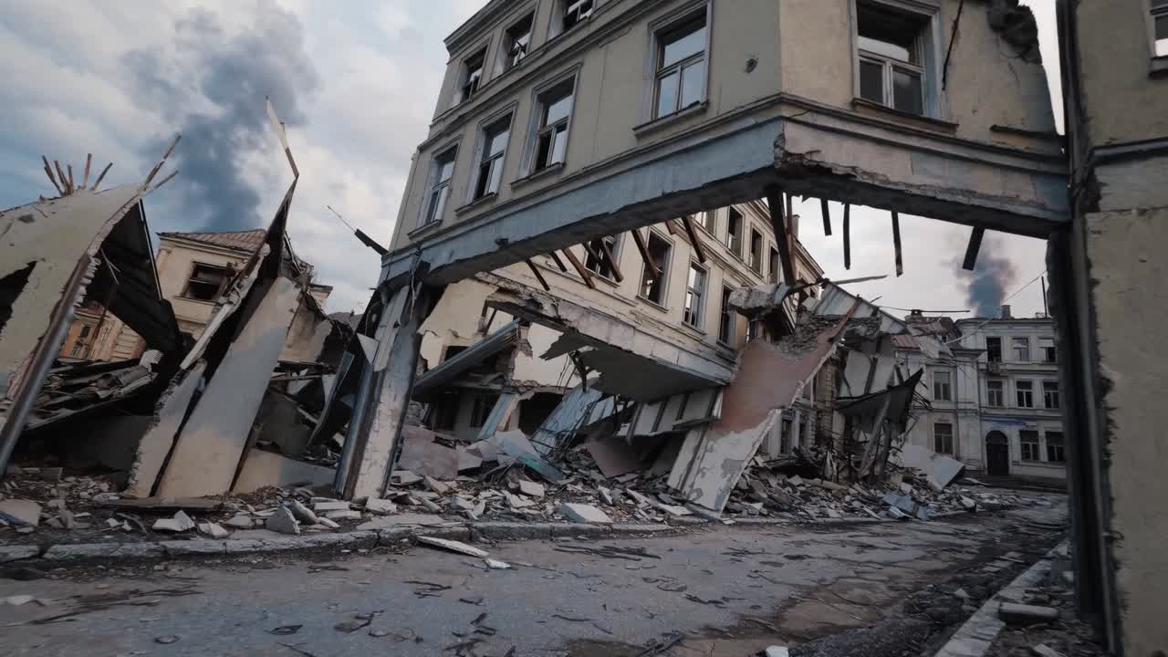 Destruction of urban landscape captured in sequential frames, showcasing the collapse of a building with debris scattered across the street, illustrating the aftermath of a disaster