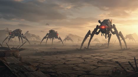 in a desolate landscape, mechanical spiders with glowing eyes roam the barren ground, showcasing a mysterious technological world where man and machine converge