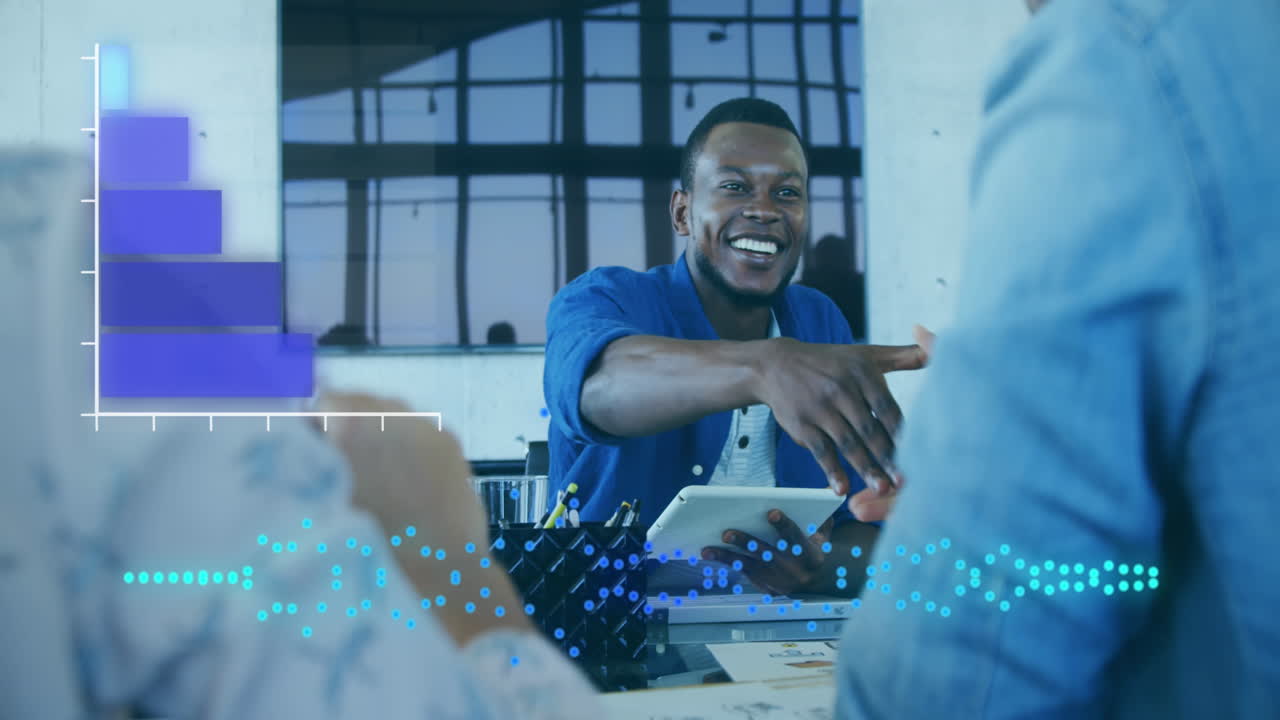 Digital composite video of statistical data processing against businesspeople shaking hands