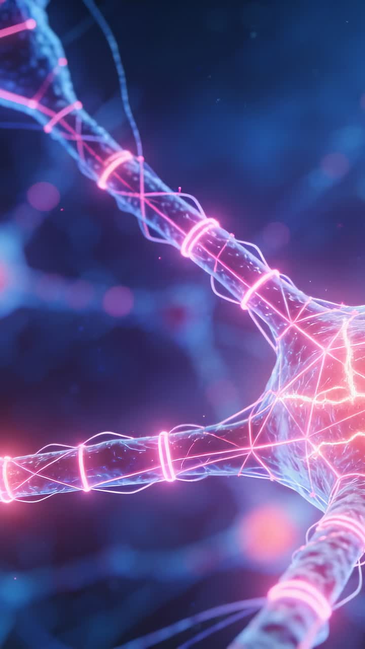 Vertical video: Shifting view showing neuron hub pulsing on arms, with pink rings simulating signal