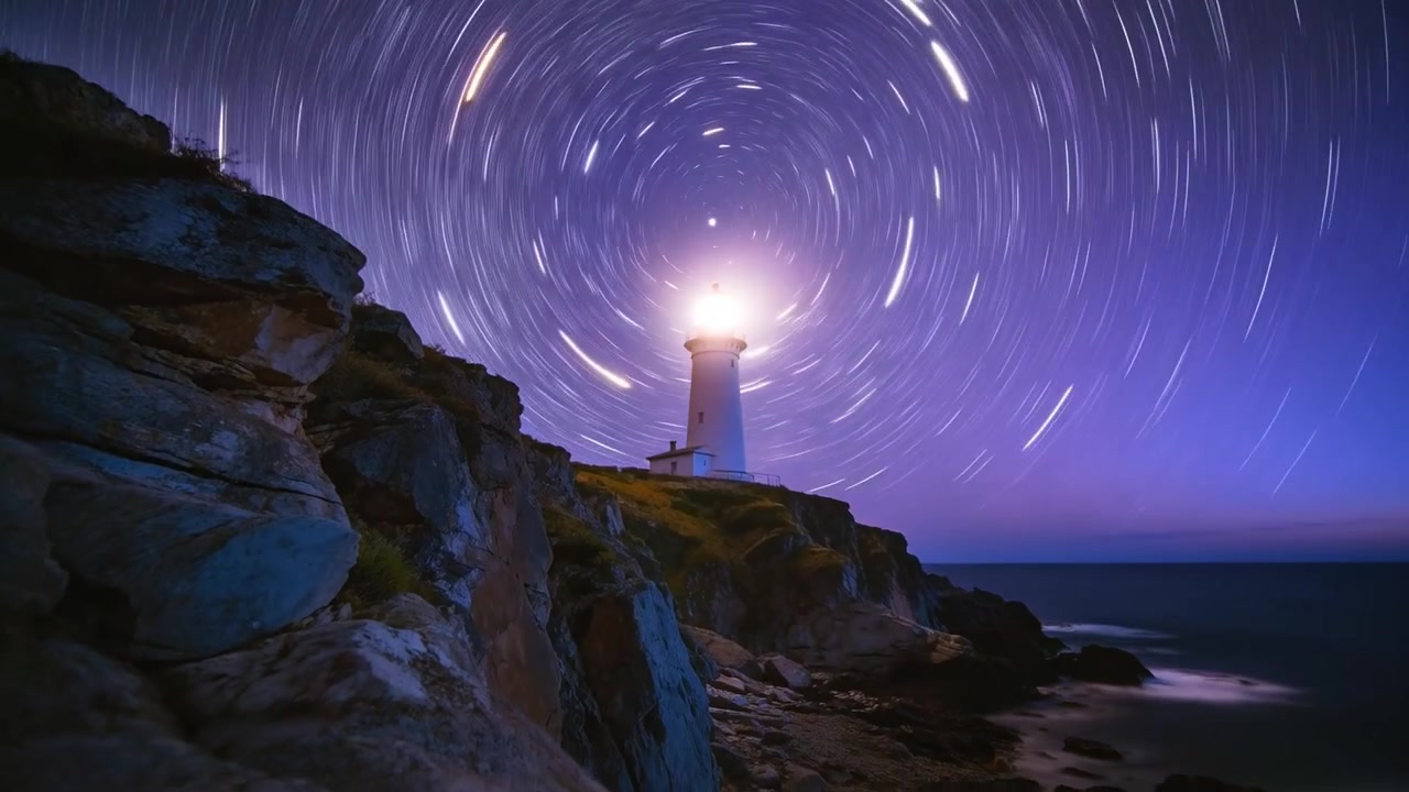 Camera recording lighthouse on cliff as sunset fading, lamp glowing, star trails forming over sea