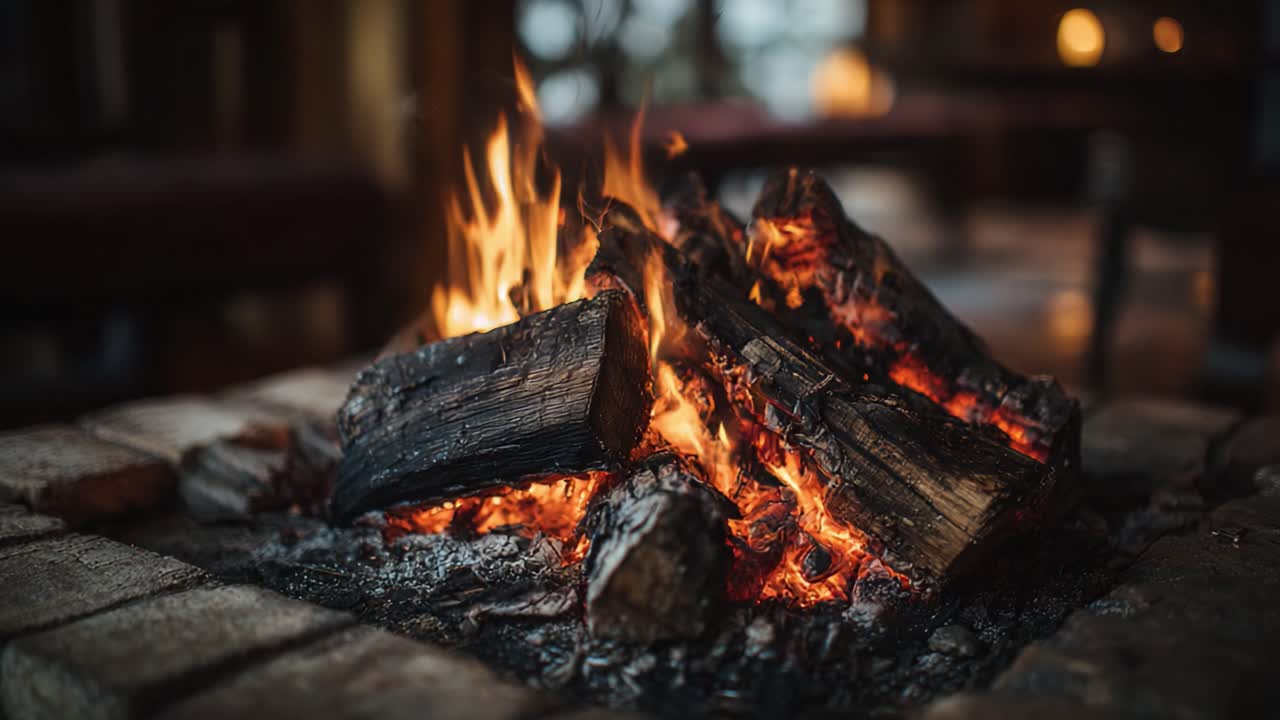A Warm, Inviting Fireplace Glow: Captivating Flames Dancing Above Logs, Creating a Cozy and Serene Atmosphere Perfect for Relaxation or Gatherings