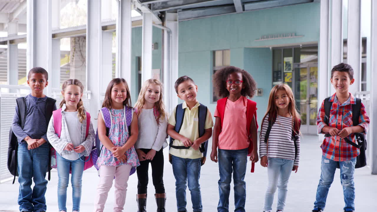 Elementary school  pupils standing in school corridor