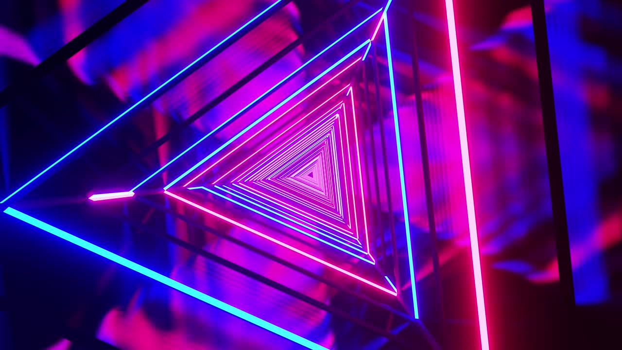 sfondo astratto con animazione di volo in astratto futuristico tunnel triangolare con luce blu e rossa al neon. 4k 3d rendering animazione di loop senza cuciture. linee colorate al laser al neon loop infinito.