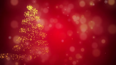 copos de nieve cayendo sobre árboles de navidad brillantes contra manchas brillantes en un fondo rojo