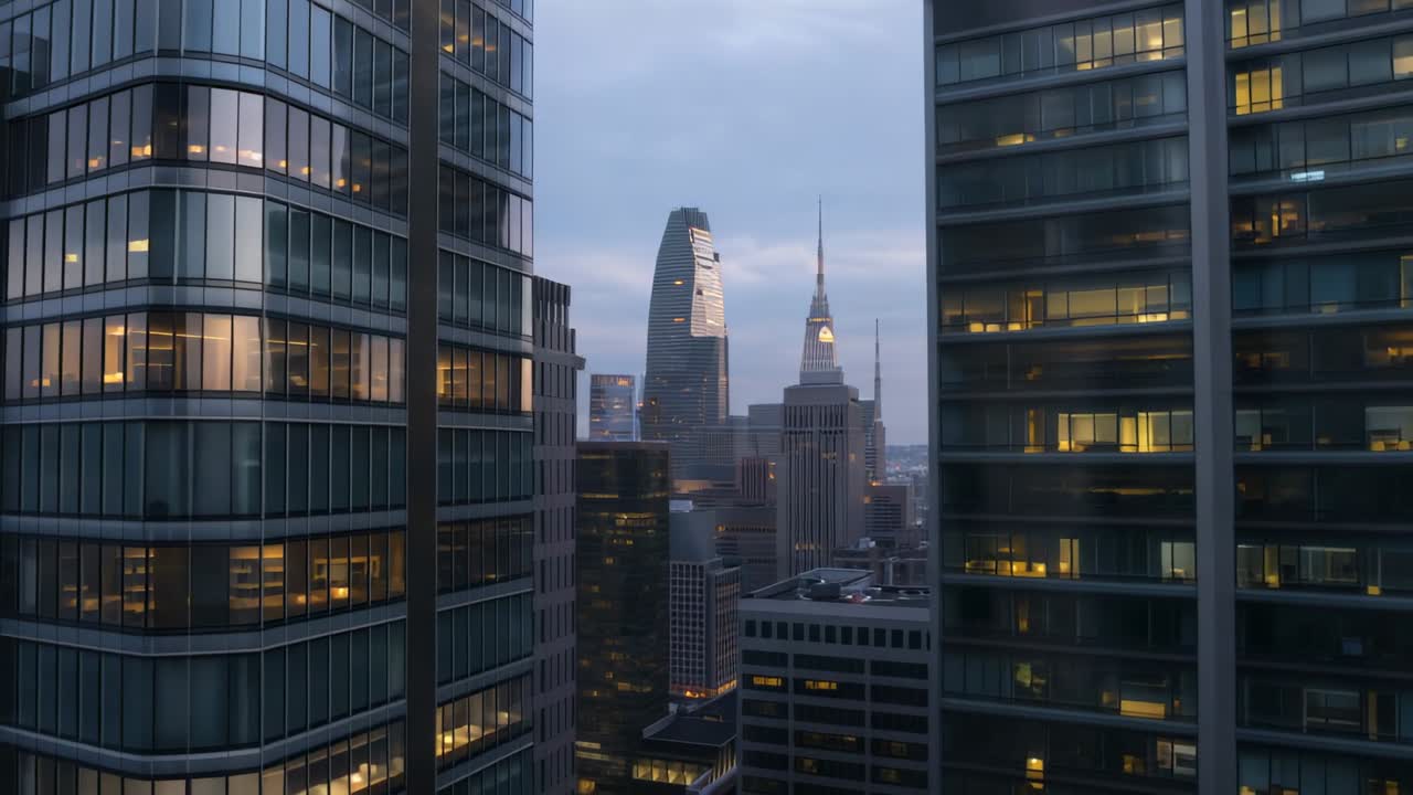 Deepening dusk urging office towers flickering windows at downtown, framing spire-topped skyscraper