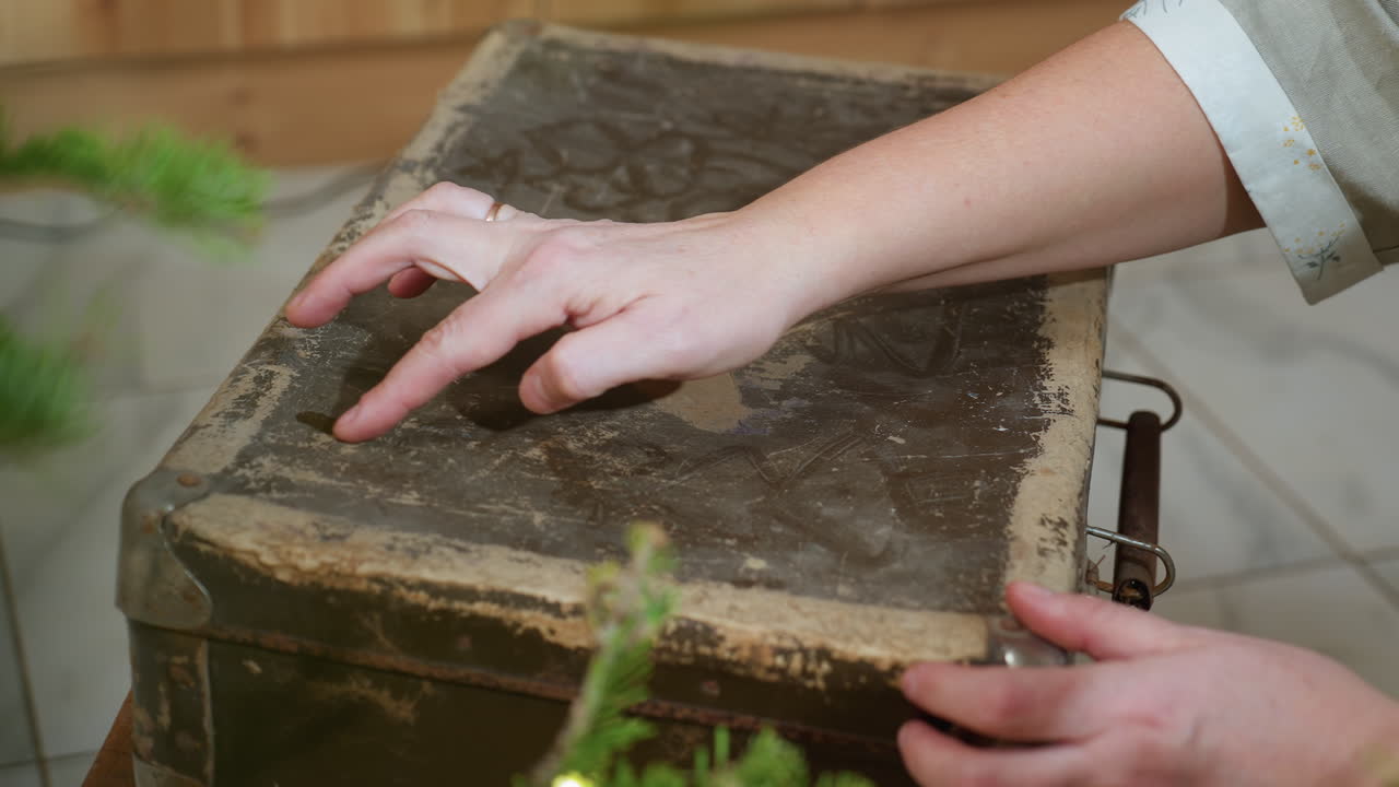 Old dusty box with creative sketches visible while woman holds sides carefully, capturing rustic vintage atmosphere during cozy festive indoor setting surrounded by soft glowing
