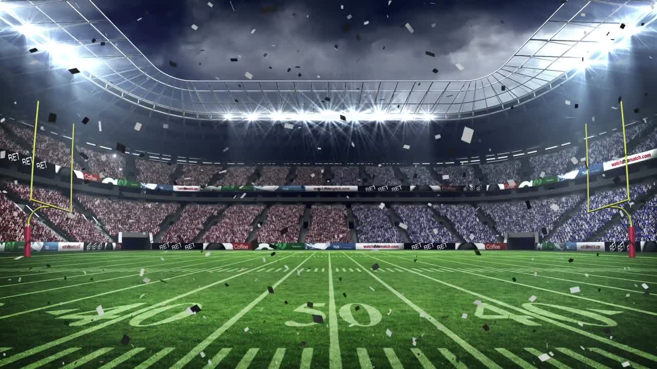 Animazione di coriandoli che cadono su uno stadio sportivo.