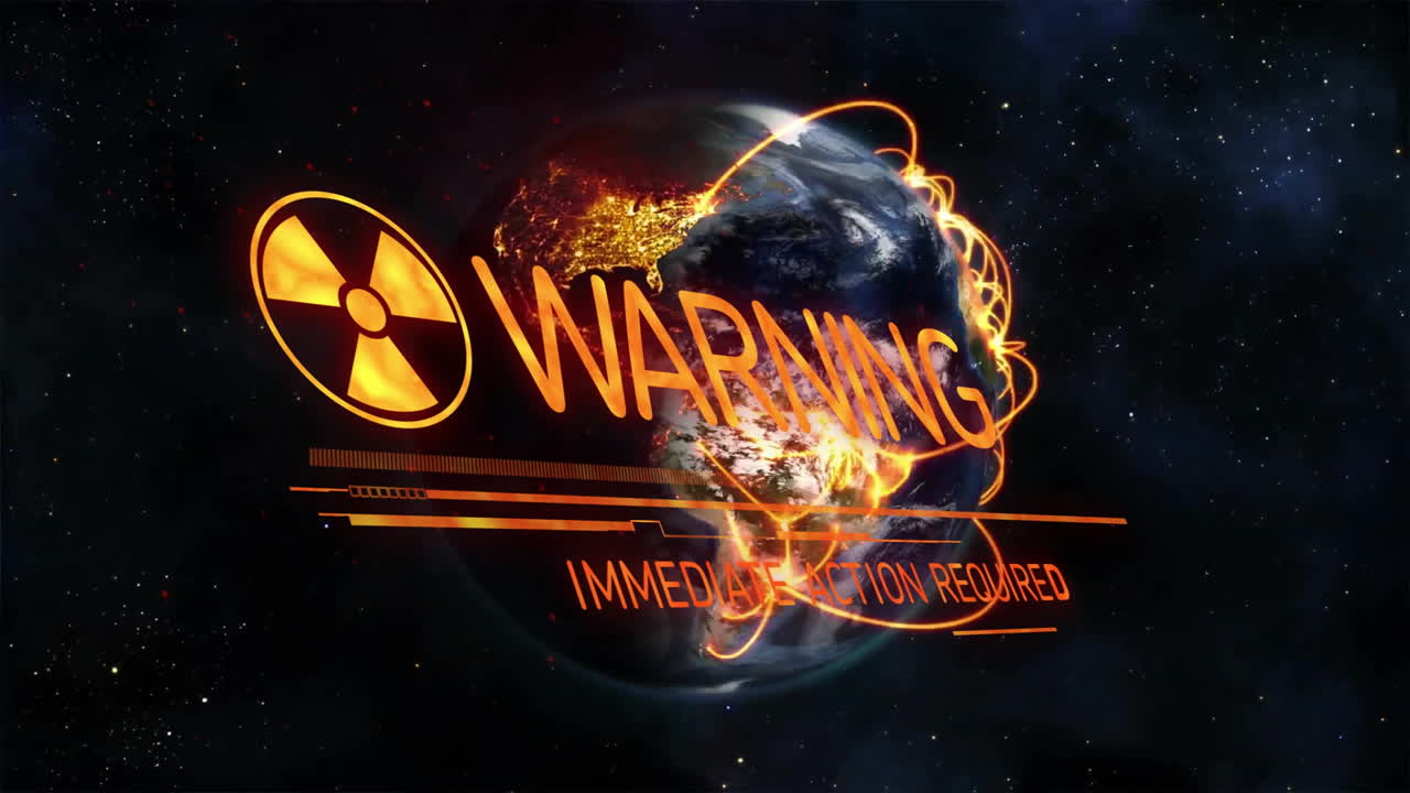 Animation of fiery Earth with glowing warning text and radiation symbol